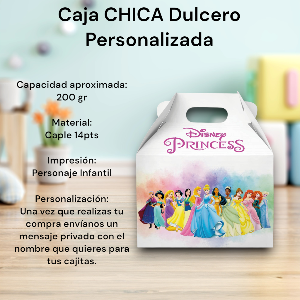 Caja Dulcera Chica Personalizada Princesas · Princesas · Tamaño real