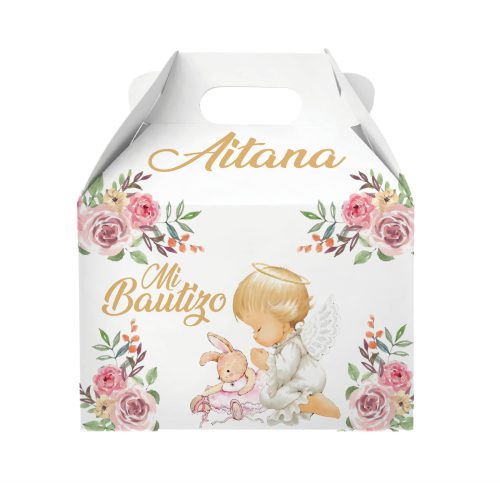 Caja Dulcera Chica Personalizada Mi Bautizo · Angelito con Flores Rosa · Frente